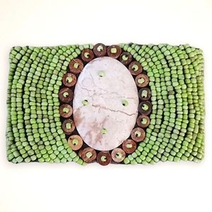 Vintage 1970s Seed Bead Wood Stone Cuff Bracelet
